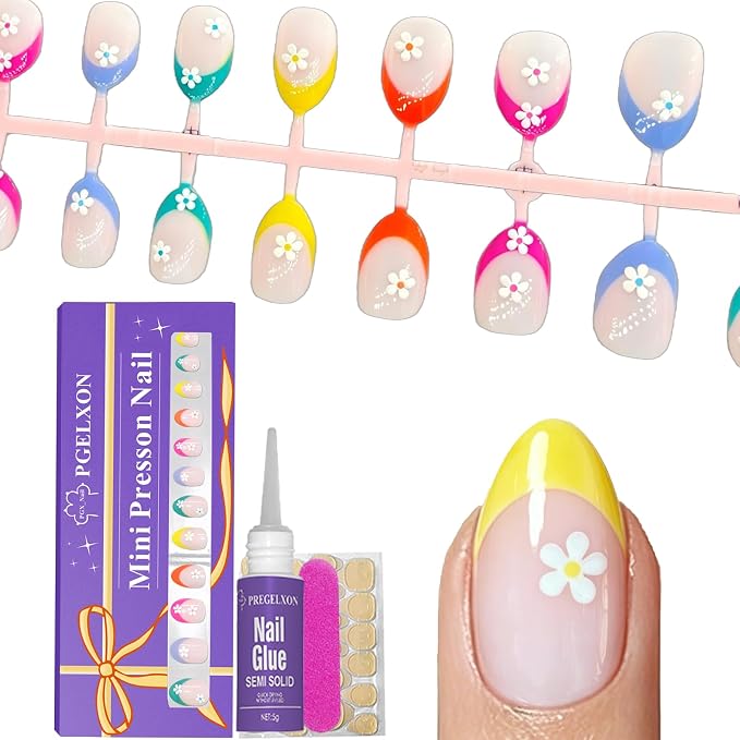 24pcs Press on Nails for Kids, 3D Flowers Design for Teenager Girls 8-12 | Colorful Almond French Tip, 12 Size, Non-Toxic, Fashion Nail Kit with Adhesive Tabs, Nail File for Christmas, Birthday, Party
