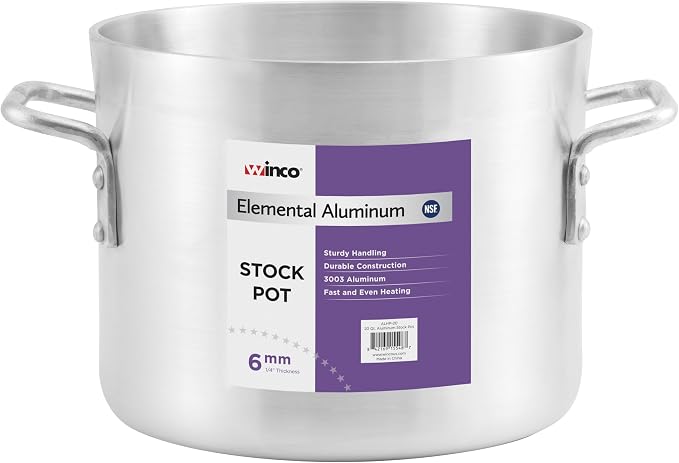 Winco 6.0mm Aluminum Stock Pot, 32-Quart | Heavy-duty, Riveted handles, Great for Stocks, Soups, Pasta and Batch Cooking