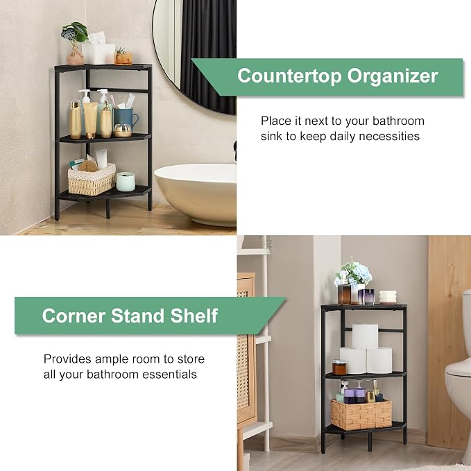 Under Pedestal Sink Storage Shelf 2 Pack Under Sink Organizers | 3-Tier Corner Shelf Stand Under Sink Storage Bathroom Vanity for Small Space,Bathroom Storage Rack Corner Shelves, Black