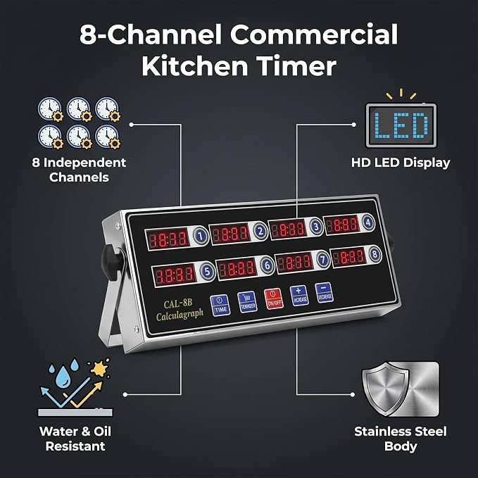 8 Channel Precision Kitchen Timers for Cooking, Commercial Kitchen Timer Restaurant Kitchen Supplies, Stainless Steel Digital LED Chef Cooking Timer, Reminder Function,Drillable wall mounting