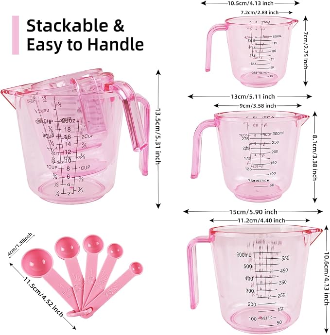 Pink Plastic Measuring cup Measuring spoon Set: 3 Stackable Liquid Measuring Cups 150/300/600ml and 5 Spoons 1.25-15ml, Used to Create Pink Kitchen Themes, Baking, Cooking