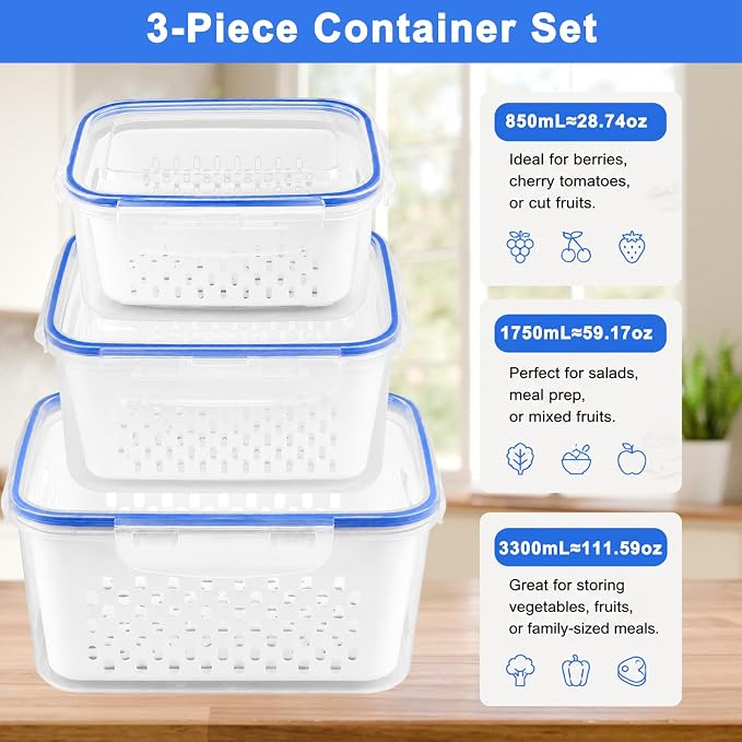 Produce Storage Containers 3-Pack – Colander Basket, Airtight for Fridge/Meal Prep
