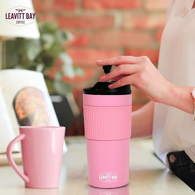 Pink Portable French Press Travel Mug & Coffee Maker | Leak-resistant lid Double-wall vacuum insulation ideal for camping & travel