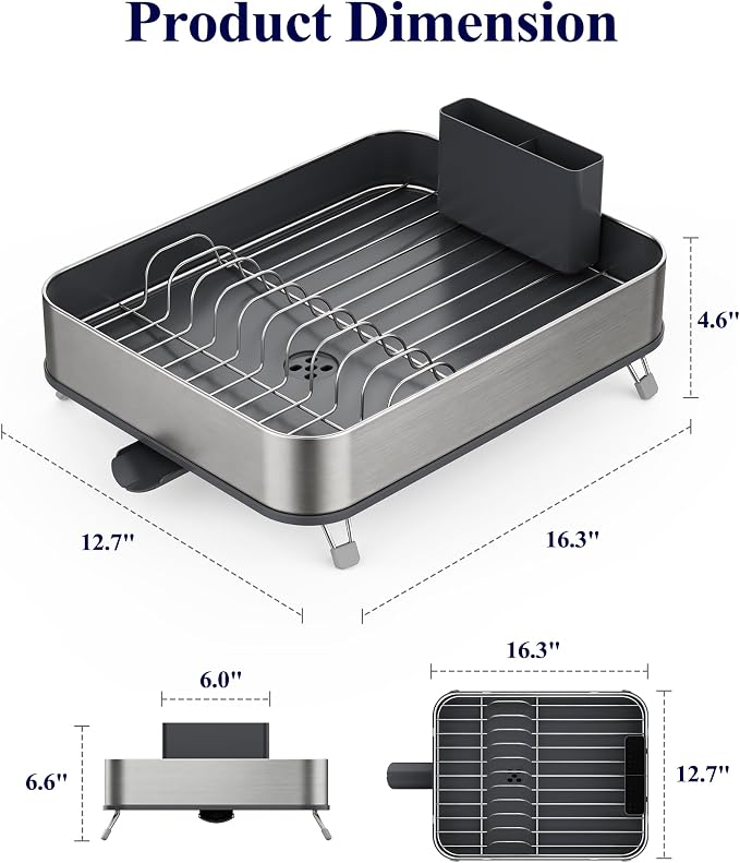 Kitsure Dish Drying Rack - Stainless Steel Dish Rack with Cutlery Holder, Rust-Resistant Wrapped Edges, Space-Saving Dish Racks for Kitchen Counter, 16.3" x 12.7" x 4.6", Black