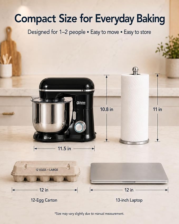 Kitchen in the Box Stand Mixer, 3.5 QT Small Kitchen Electric Dough Mixer | 10-Speed, for 1–2 People, Beginner-Friendly, with Dishwasher-Safe Dough Hook, Beater & Egg Whisk, Cake, Black