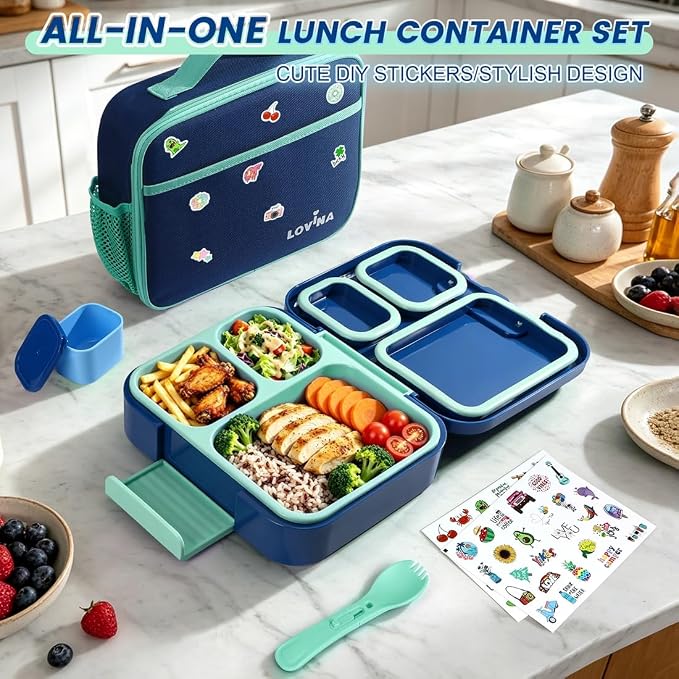 Bento Lunch Box Set For Kids Adult With Thermo Bag, BPA-Free, Leak-proof | 36 OZ Durable, All-In-One Lunch Box Kids Kit With DIY Stickers Sauce Cup, Dishwasher Safe(Blue)