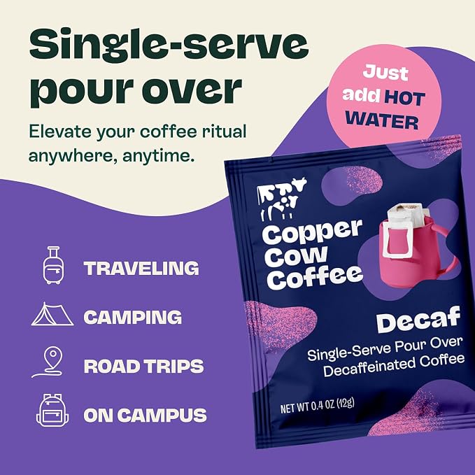 Copper Cow Coffee Premium Pour Over Coffee Decaf Single Serve Dark Roast | 8ct Decaf pour over pouches with rich, bold, low acid coffee. Travel friendly—tear, hang, pour hot water, enjoy anywhere