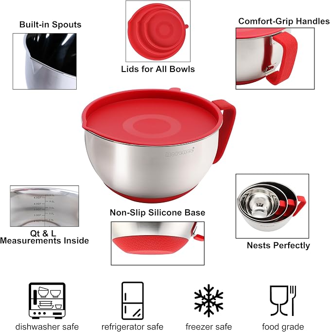 Stainless Steel Mixing Bowls Set with Lids,1.5,3 & 5 Qt,Red | Non-Slip Silicone Base,Precision Pour Spout,Ergonomic Easy-Grip Handle,Measurement Marks,Airtight Lids,Cooking & Meal Prep