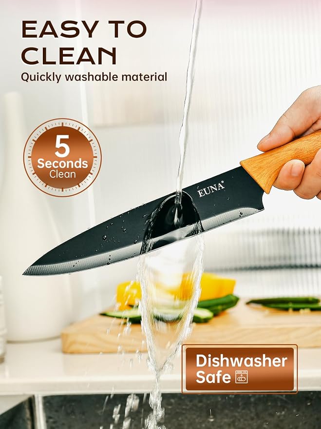 EUNA Knife Block Set, 19 PCS Kitchen Knife Set with Acrylic Block and Sharpener, German High-Carbon Stainless Steel Knife Sets with 6 Serrated Steak Knives, Bread Knife, Chef Knife, Dishwasher Safe