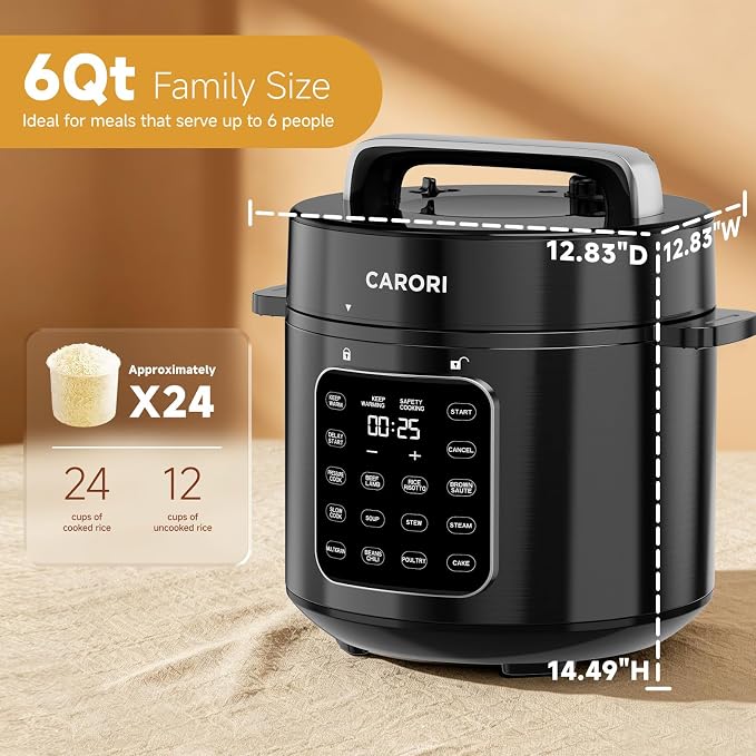 CARORI 6 Qt Electric Pressure Cooker, 9-in-1 Multi-Cooker with 12 One-Touch Presets, IMD Touchscreen, Stainless Steel Inner Pot, 24H Delay Timer, 1000W Compact Pressure Cooker, Black
