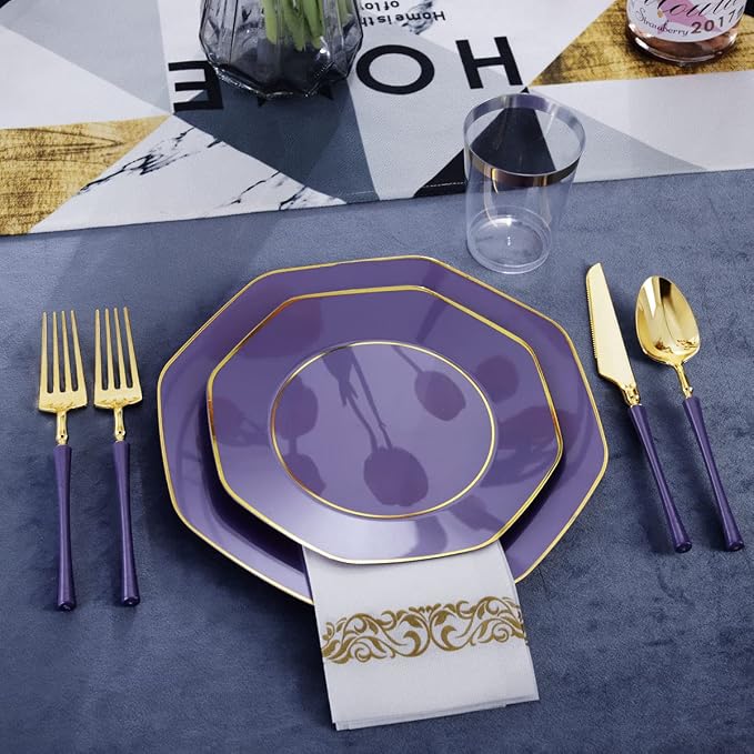 KIRE 140Pcs Purple Plates with Gold Rim - Plastic Plates for Party | Include 40pcs Purple and Gold Plates, Gold Plastic Silverware with Purple Handle&Clear Cups&Hand Napkin for Wedding