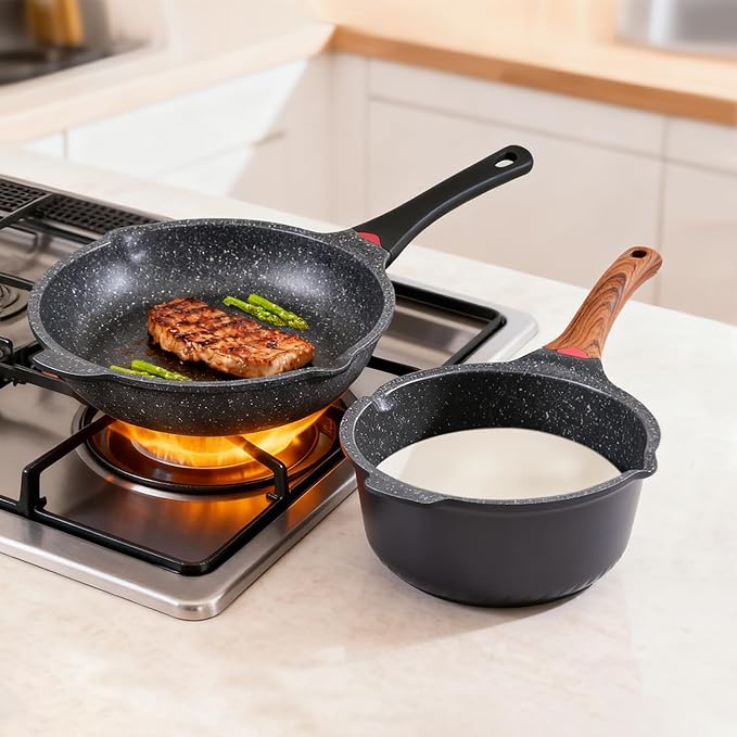 Vinchef 4QT Sauce Pan & 12.5IN Skillet Set with Lids, Nonstick,Black | Scratch-resistant PFAS-free nonstick, dishwasher-safe, induction-ready, stay-cool handles