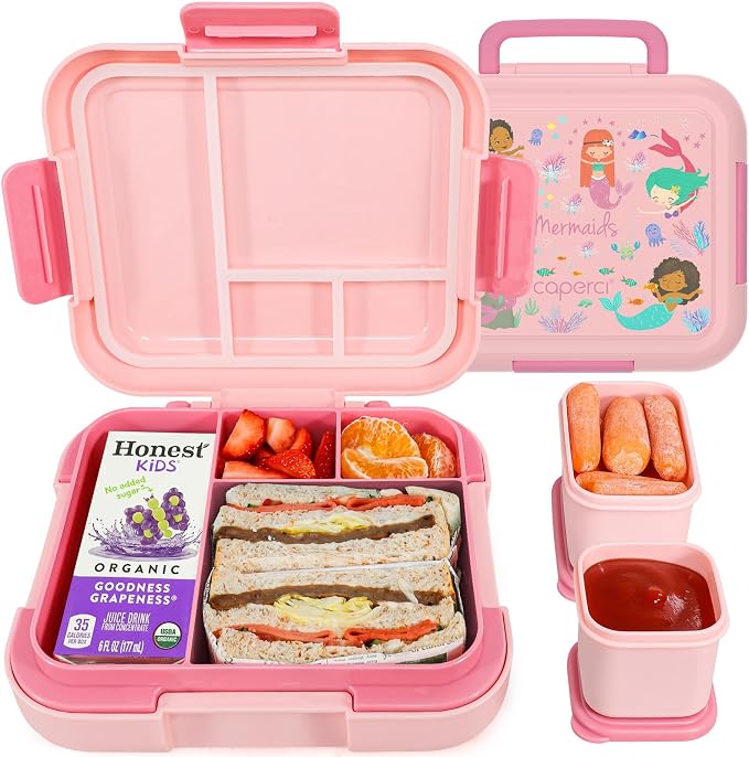 Caperci Bento Box for Kids Age 4-8 - Leak-Proof Toddler Lunch Box Container with 2 Modular Containers & 4 Compartments, Hold 4.8 Cups, Portable Handle, BPA-Free, Microwave/Dishwasher Safe (Mermaid)