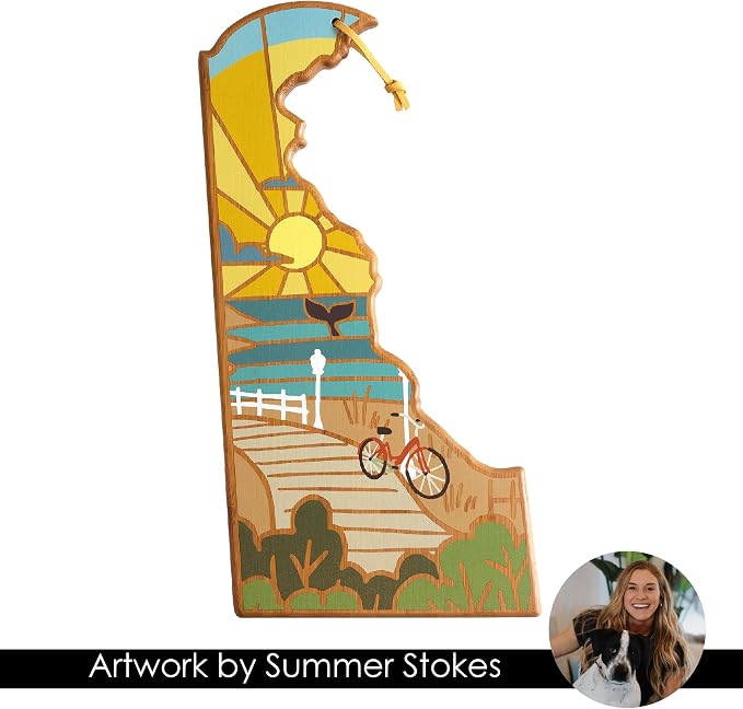 Totally Bamboo Delaware State Shaped Cutting Board, Summer Stokes Art | State charcuterie board with colorful hand-drawn landscape art. Smooth reverse side for food prep. Hang tie for wall display.