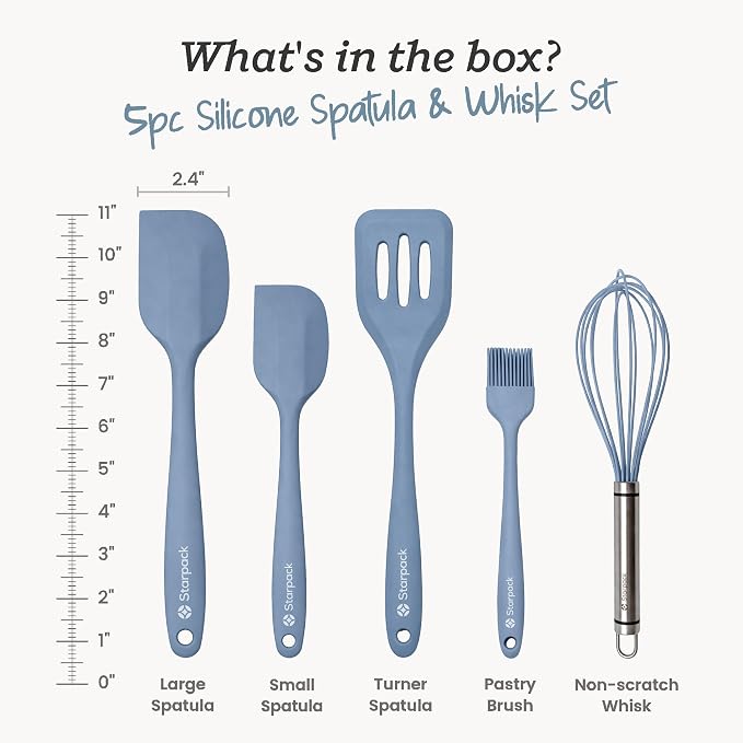 Starpack Flip and Whip Silicone Baking Utensils Set (5-Piece) - LFGB Non Toxic, 600°F Heat Resistant, BPA-Free - Whisk and Rubber Spatula Set with Pastry Brush - Dishwasher Safe, Nonstick Light Blue