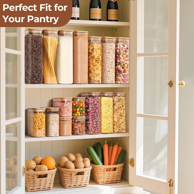 ComSaf Glass Storage Containers With Lids 2 Qt, Set of 3 Cereal Containers | Pantry Storage Container, Rectangle Jar, Glass Cereal Dispenser, Kitchen Canisters, Dry Food, Flour, Sugar, 64oz, BPA Free