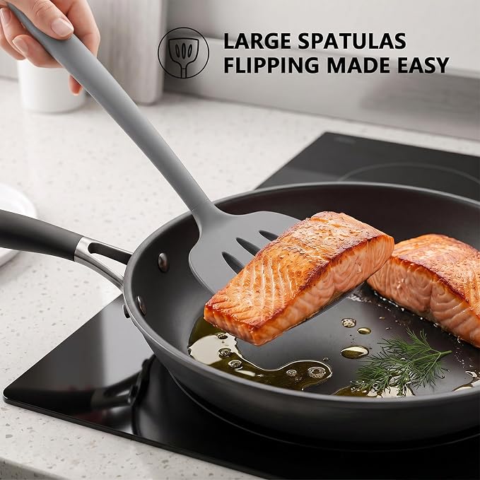 Coukre 3 Pack Silicone Spatula Set, Heat Resistant to 500°F, BPA-Free | Fish Spatula, Solid & Slotted Turners, Dishwasher Safe, Spatula Set for Eggs, Pancakes, Fish & Burgers, PureGray