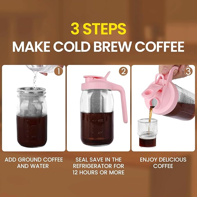 Cold Brew Coffee Maker, 32 oz Mason Jar Pitcher with Stainless Steel Filter, Pour Spout Handle Lid, Heavy Duty Glass Airtight & Leak-Proof for Iced Coffee,Tea & Lemonade
