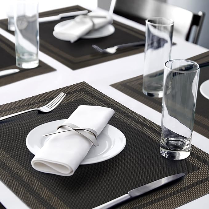 Placemats,Table Place Mats for Kitchen Dining, Heat-Resistant Anti-Skid Stain Washable PVC Table Mats, Easy to Cleaning Woven Vinyl Dinner Mats (Black, 6 Pack)