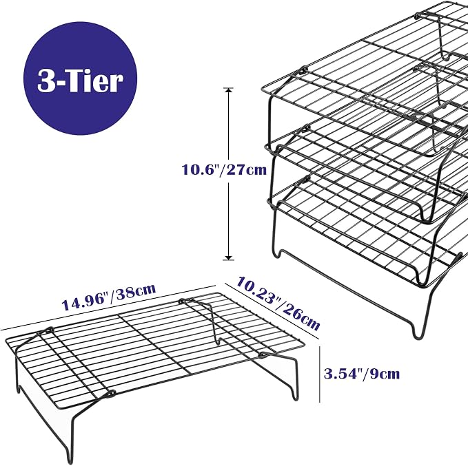 Leonyo Cooling Rack, 3 Tier Stainless Steel Stackable Cooling Racks for Baking, Cooking, Roasting, Grilling, Cool Batches of Cookie, Collapsible & Heavy Duty, Oven Safe & Easy Clean, 15" x 10", Black