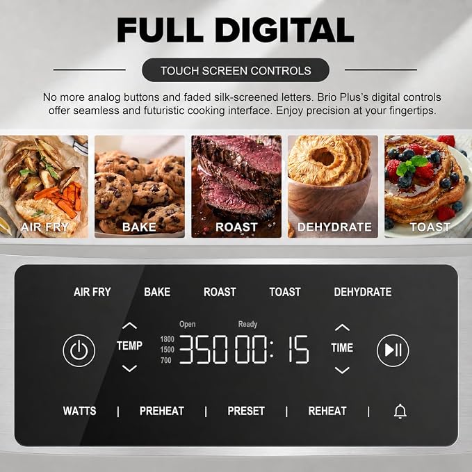 Nuwave Brio Plus 7QT Air Fryer, Extra Crispy Results w/Less Oil, PFAS-Free | Non Toxic, Odor-Free, More Even, 100 One-Touch Presets, 6-in-1: Air Fry, Bake, Roast, Toast, Dehydrate & Reheat, 50°F–400°F