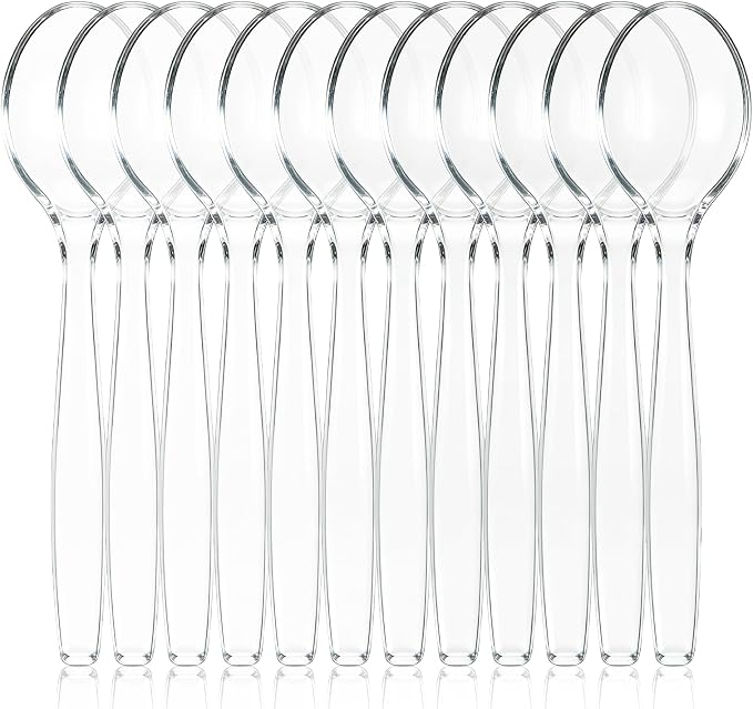 CXPSINC 12 Count Clear Plastic Serving Spoons, 10" Disposable Heavy Duty Plastic Serving Utensils for Catering Weddings Parties Buffets Events and Stock Your Home (Clear, 12PCS Spoons)