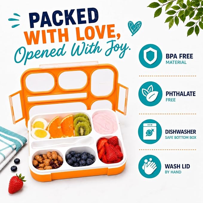 Bento Box Lunch and Snack Containers for School Kids Girls Boys | Leak Proof Portion Control Kits BPA Free, Teal & Orange, Large and Small, Value Set of 4