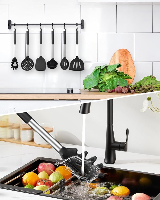 Silicone Cooking Utensils Set, 8 Pcs Kitchen Utensils with Holder, Black | BPA Free and Heat Resistant, Kitchen Tools for Non Stick Cookware include Spatulas, Turners, Spoons, Skimmer and Pasta Fork