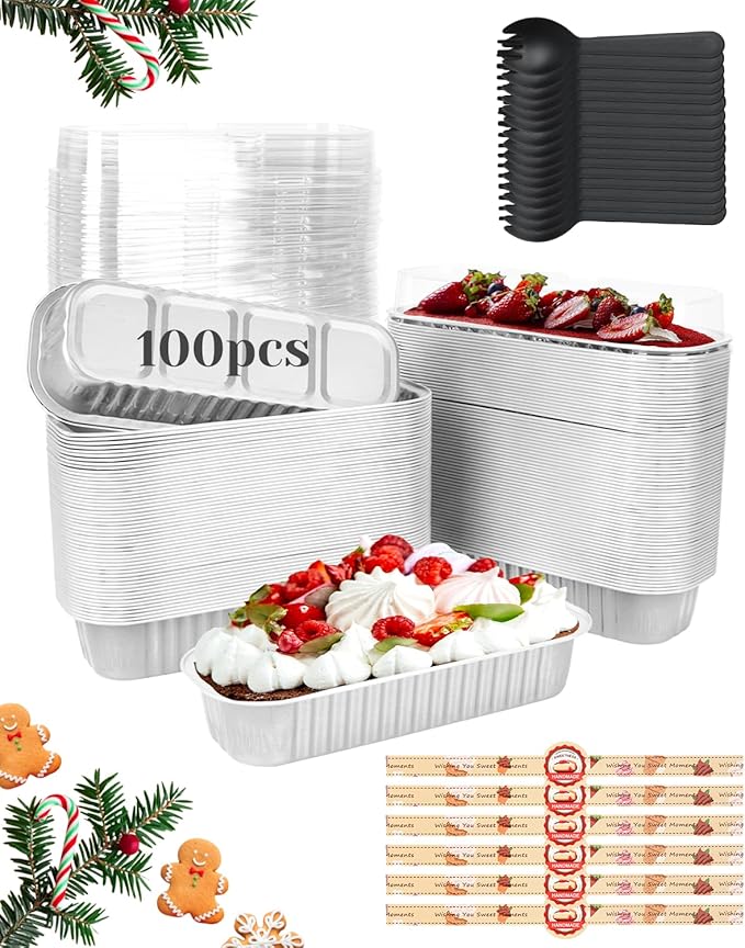 YQER 100 Pack Silver Mini Cake Pans with Lids and Spoons, 6.8 oz Disposable Aluminum Foil Mini Loaf Pans with Stickers, Individual Elegant Dessert Cake Tins Containers for Weddings, Winter Parties