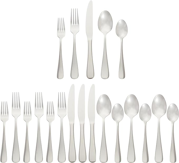 Amazon Basics Silverware Set, Stainless Steel Flatware, Dishwasher Safe, Service for 4, 20-Piece Forks and Spoons, Round Edge, Everyday Use