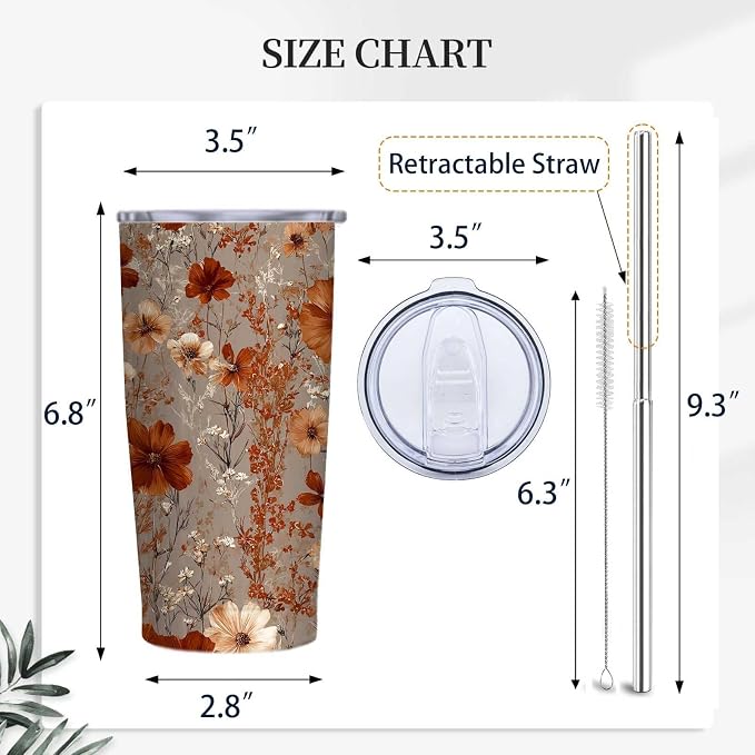 Retro Floral Tumbler 20 oz Stainless Steel Insulated Travel Mug with Lid and Straw, Vintage Flower Coffee Tumbler Cup for Hot Cold Drinks, Botanical Floral Gifts for Women