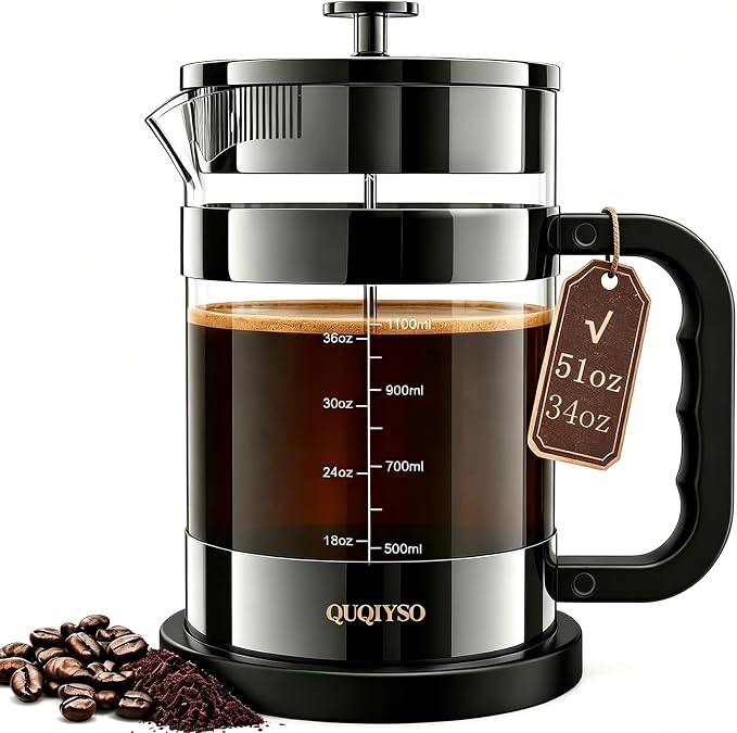 QUQIYSO French Press Coffee Maker 51oz, Large French Press, Thickened Glass | Borosilicate Glass Plastic Free Coffee Maker, Easy to Clean,4 Filter, Coffee Press Suitable for Kitchen Party(Dark Pewter)