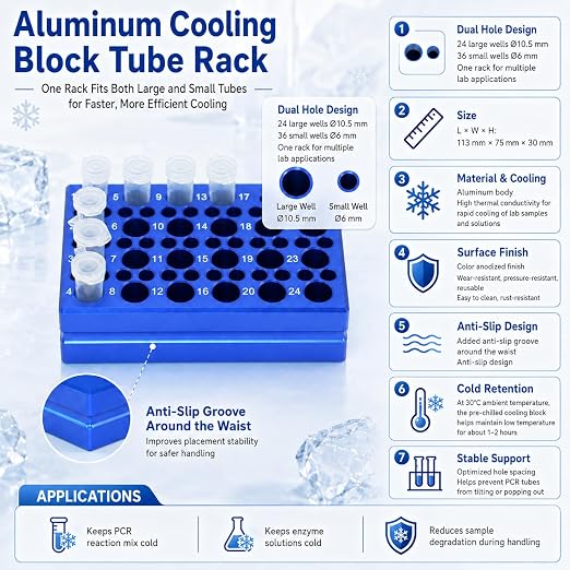 1 Pcs Aluminum Cooler Cooling Block PCR Test Tube Rack 10.5/6mm Diameter | 10.5mm 24-well for 1.5/2mL Microcentrifuge Tubes; 6mm 36-well for 0.2mL PCR tubes; Enzyme, RNA, Reagent Cold Handling (Blue)