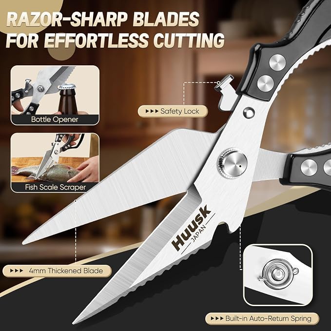 Huusk Kitchen Scissors All Purpose, Multifunction Poultry Shears Heavy Duty | Japanese SK5 Steel Kitchen Shears for Meat, Fish, Chicken Bones, Turkey, Ergonomic Non-Slip Black Handle, Gifts for Women