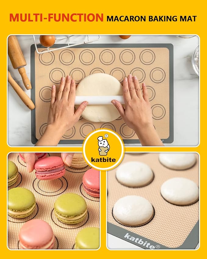 Katbite Macaron Silicone Baking Mat Set of 2 Grey | 2 Half Sheet Mats, Reusable & Nonstick Macarons Baking Supplies Silicone Bakeware Mats for Macarons Cookies