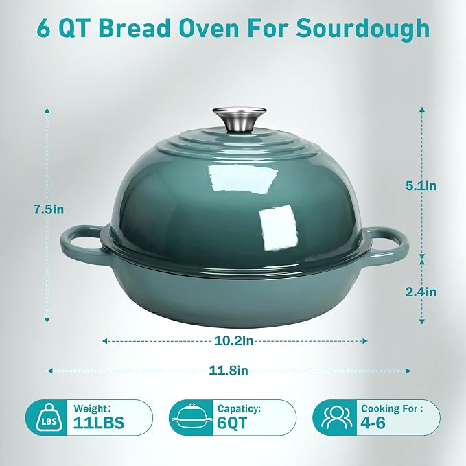 Enameled Bread Oven with Lid, 6 Quart Cast Iron Dutch Oven for Sourdough Baking, Round Heavy Duty Cast Iron Pot with Dome Lid, Seasalt