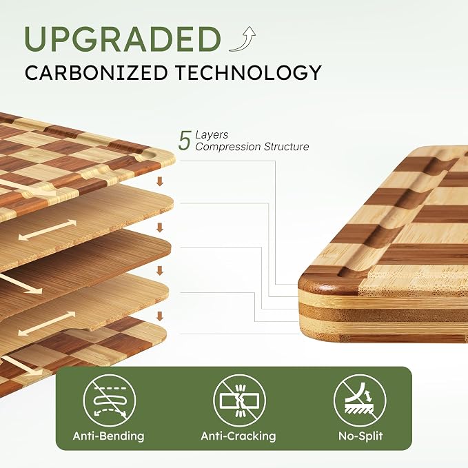 20”Extra Large Bamboo Cutting Boards for Kitchen Wooden Checkered Cutting Board Heavy Duty Butcher Block Juice Groove Non Toxic End Grain Charcuterie Board Serving Non Slip XXL Wood Chopping Board
