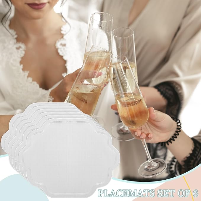 Scalloped Cotton Placemats Set of 6, 17x13 Inch White Embroidered Table Mats, Double Layered Machine Washable Place Mats for Wedding, Party & Dining Room Decor