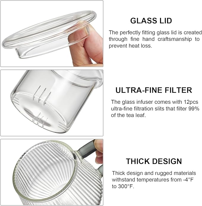 Glass Tea Infuser Cup with Lids and Handle for Blooming & Loose Leaf, 14oz | Borosilicate, Heat Resistance, Lead-free, Microwave & Dishwasher Safe