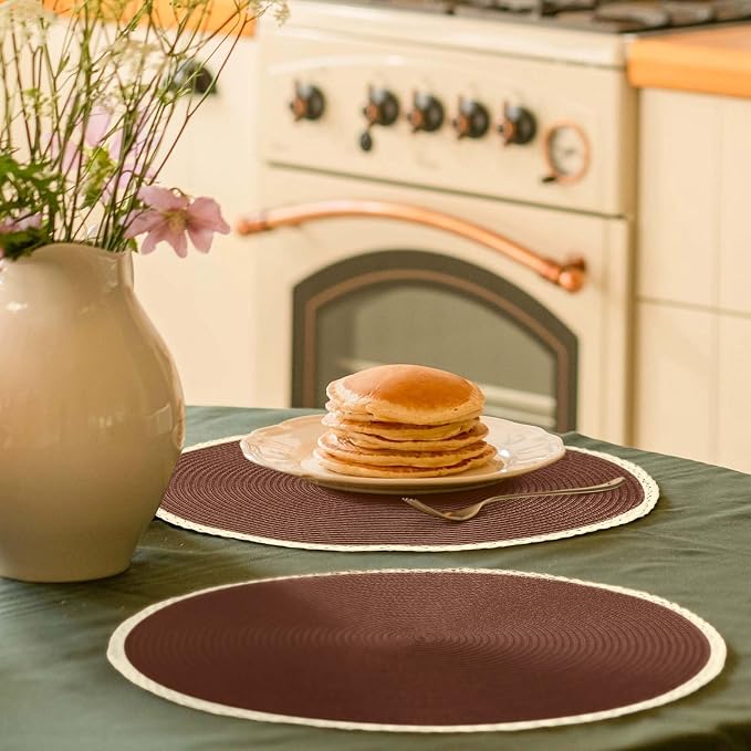 Round Placemats Set of 6, Woven Table Mats, Thin Edge, Chestnut Brown | Braided Paper Edge, 15 Inch Diameter, Fits Dinner Plate and Flatware, Wipeable, Heat Resistant, Indoor Dining, Outdoor Patio