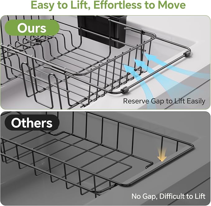Simple Trending Expandable Dish Drying Rack in Sink, Black | Adjustable Dish Rack with Utensil & Cup Holder for Kitchen Counter, Dish Drainer Inside Sink, Over the Sink, Non-Slip Feet