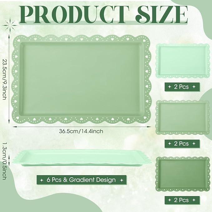 6 Pcs Green Serving Trays Plastic Platters Dessert Cupcake Holder Party Supplies 14.4 x 9.3 Inches Rectangular Cookie Snack Display Tray for Wedding Restaurant