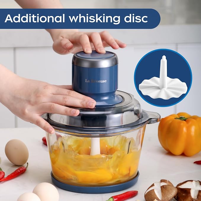 La Reveuse Electric Food Processor, 7-Cup Food Chopper Glass Bowl, Blue | for Chopping, Grinding, Mincing, Whisking, Meal Prep, 2-Layer Chop Blade, (1) Whisking Disc, (1) Spatula, 300W, LARB4016
