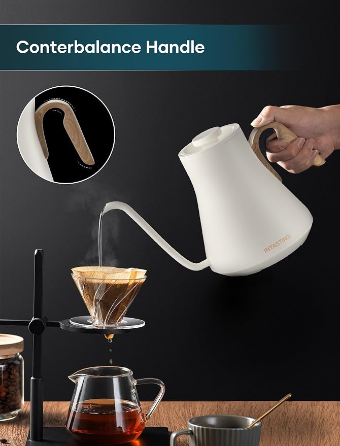 INTASTING Gooseneck Electric Kettle with 1℉ Temperature Control, 0.9 Liter | Fast Heating, Stainless Steel Interior, for Pour Over Coffee, Tea & Boiling Water, Keep Warm, Auto Shut-Off, Cream White