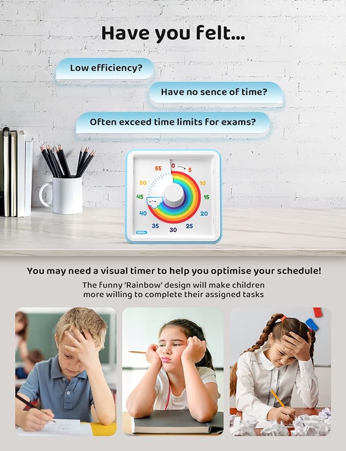LIORQUE Visual Timer for Kids, 60 Minute Rainbow Countdown Timer, Blue | Non-Ticking, 3 Volume Levels with Mute Function, Timer for Kitchen Cooking Classroom ADHD, 2 AAA Batteries Included