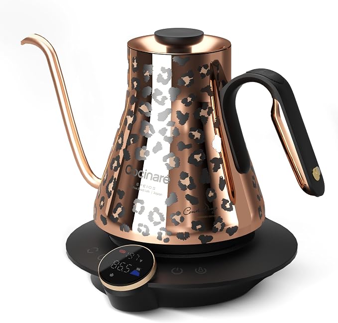 Cocinare Artisan Collection Gooseneck Electric Kettle, ±0.5°F Temperature Control for Pour Over Coffee & Tea, 1500W Fast Heating, Stainless Steel Interior, 0.9L, Wild Gold Design