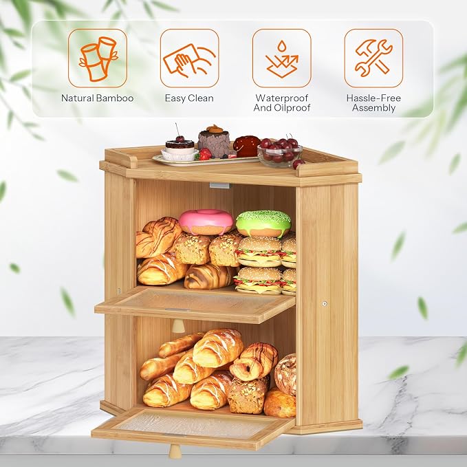HOOBRO Bread Box, Corner Bread Box for Kitchen Countertop, 2-Tier Bamboo Bread Box, Food Storage Box, Bread Storage Container with Shelf, Bread Bin for Kitchen, Dining Room, Natural YL19MB01
