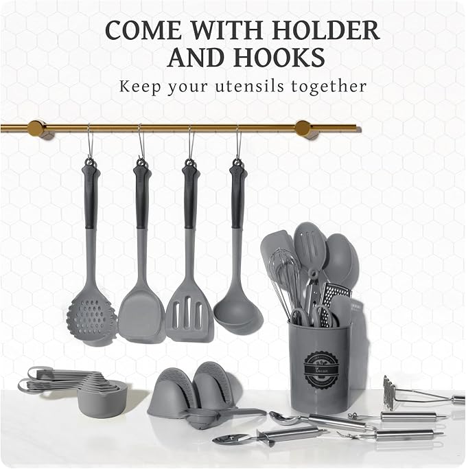 Kikcoin 43 PCS Silicone Kitchen Utensils Set, Dishwasher Safe Kitchen Cooking Utensils Set, 446°F Spatulas Silicone Heat Resistant, Non Toxic Silicone Utensils Set With Two-Tone Grip Handles, Gray