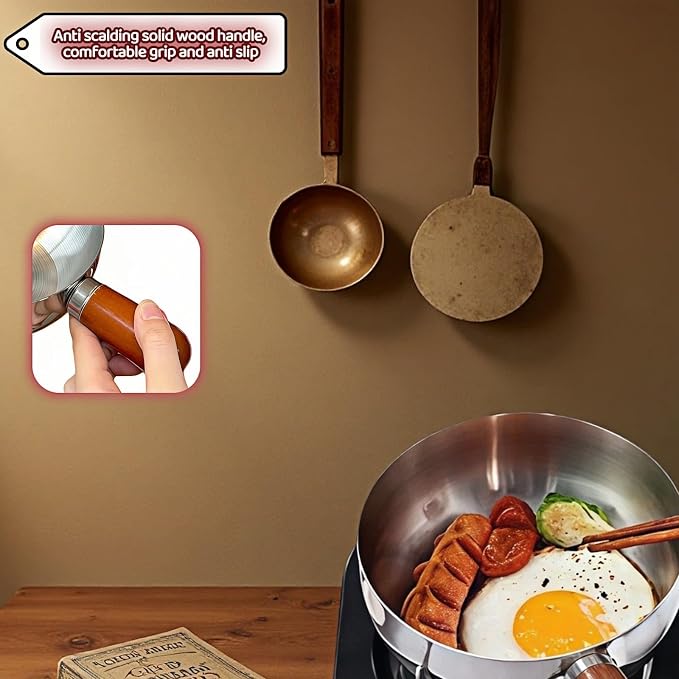 800ml/27oz Wood Handle Saucepan - 316 Stainless Steel, Multi-Use Induction Compatible Pan for Milk, Soup, Oatmeal, Camping & Small Kitchen