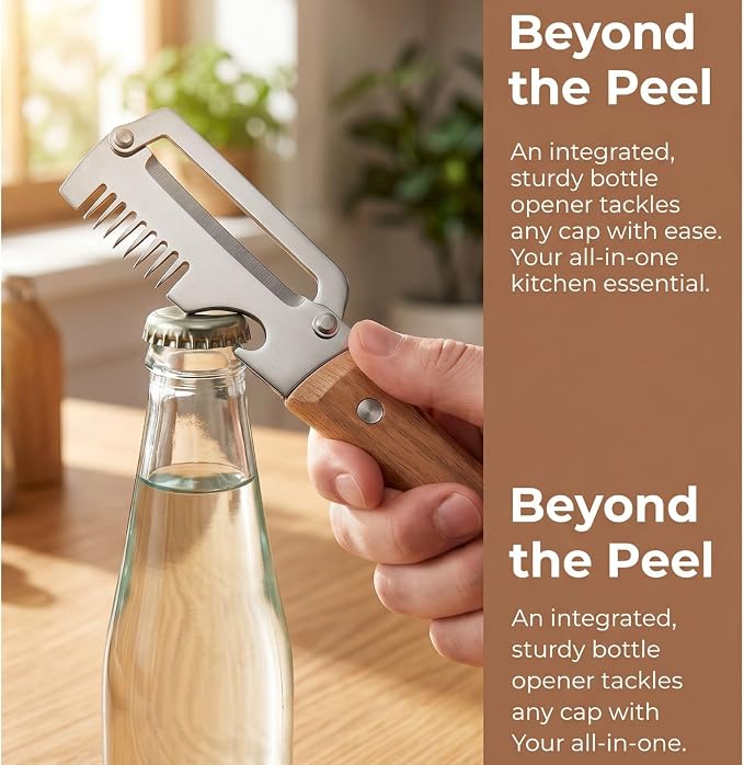 2 PCS Multi-Functional Kitchen Peeler, Professional Kitchen Tool for Chefs Fruit, 3 in 1 Multi Functional Wooden Handle Peeler and Bottle Opener, Kitchen Gadgets for Potato, Carrot, Pumpkin, Apple